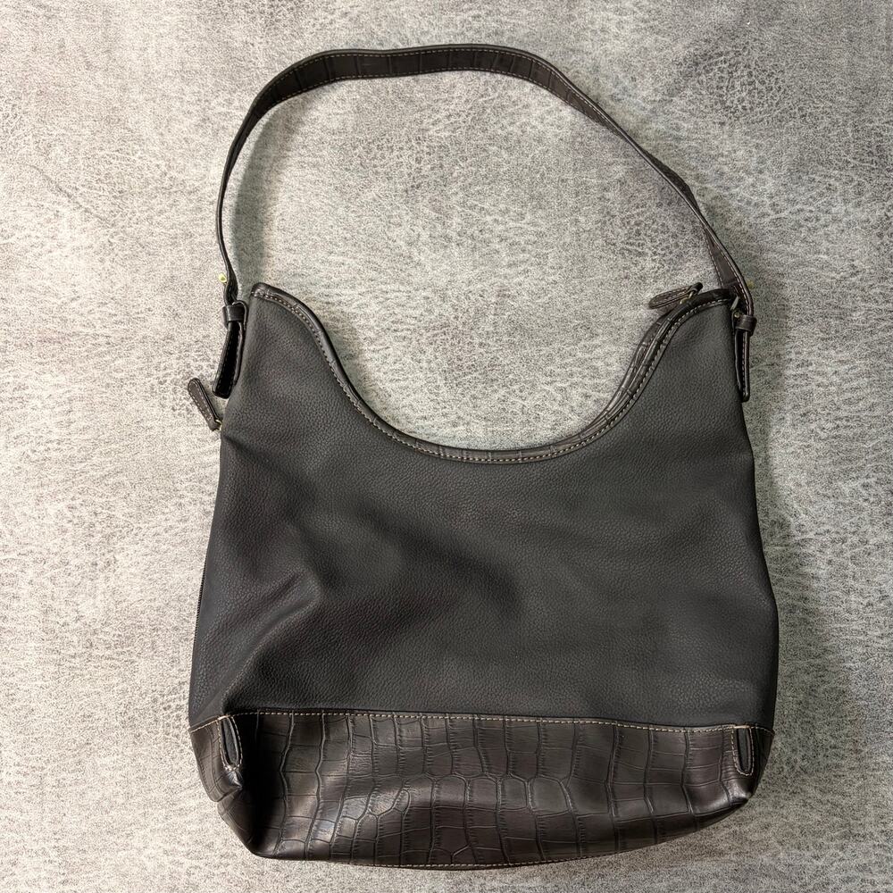Black Leather Contrast Croc Embossed Shoulder Bag